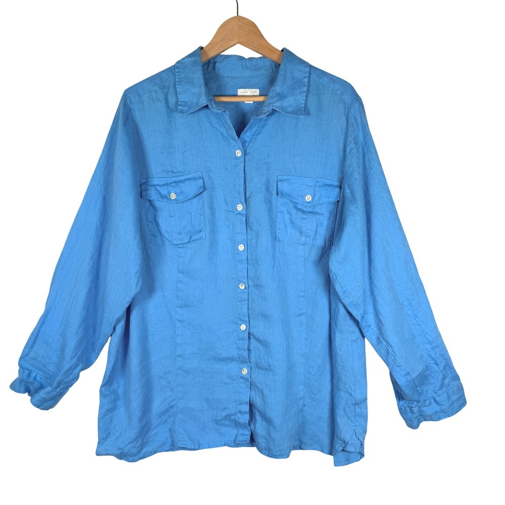 J. Jill Love Linen Blue Button Down Shirt Womens 2X Long Sleeve Collared Top
